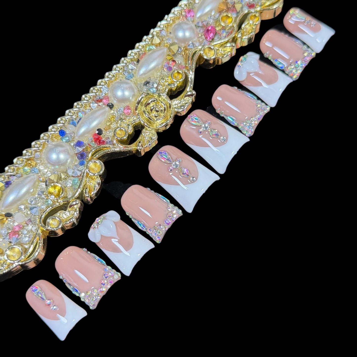 Handmade Press On Nails, Short Medium Duck Shape, Nude White French Tip with 3D Flower and Crystal Rhinestones, Luxury Glue On Fake Nails (M)