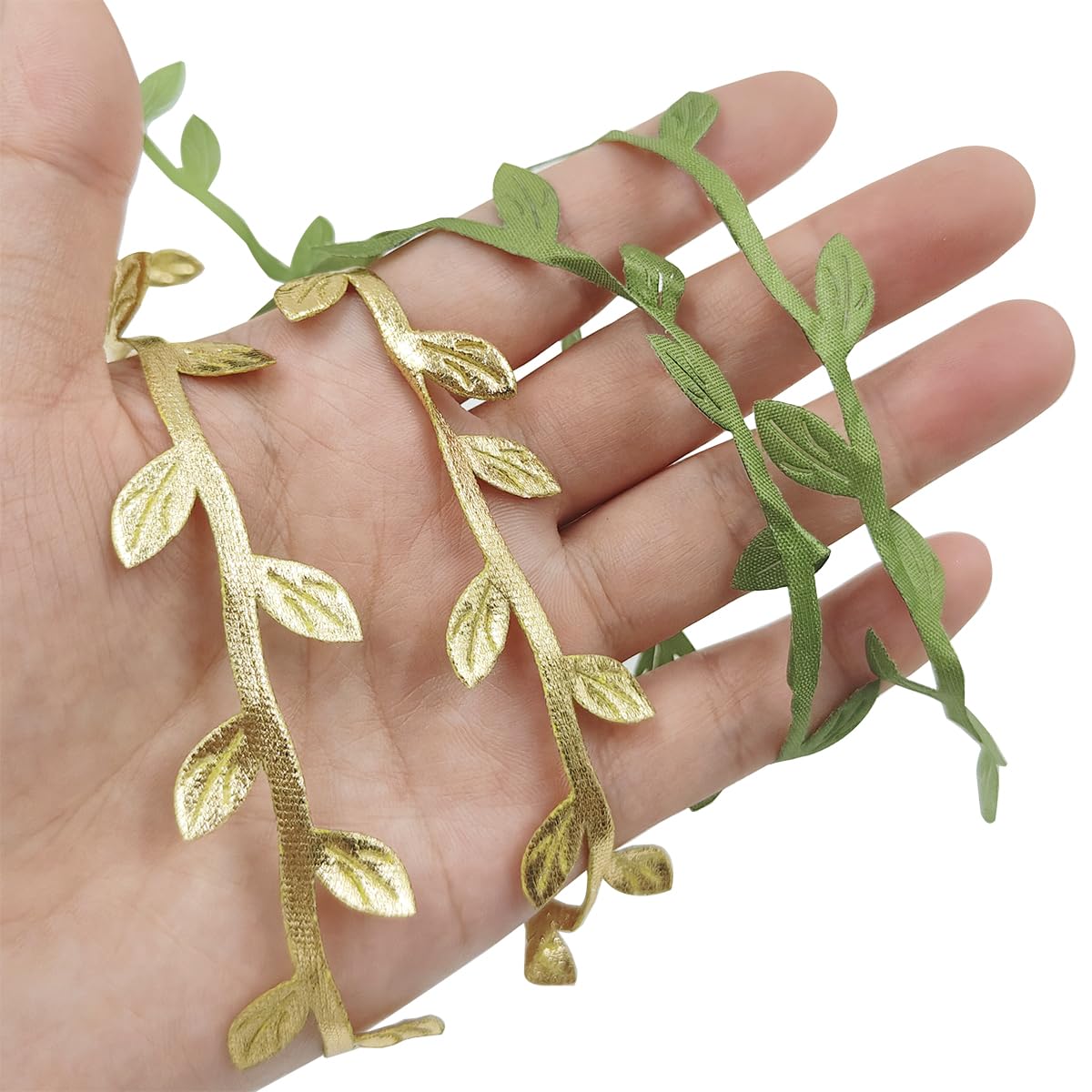 2 PCS Leaf Ribbons 43.7 Yard, lyfLux Leaves Leaf Ribbon Trim Rope, for for DIY Crafts, Wedding, Home Decor (Gold+Green)