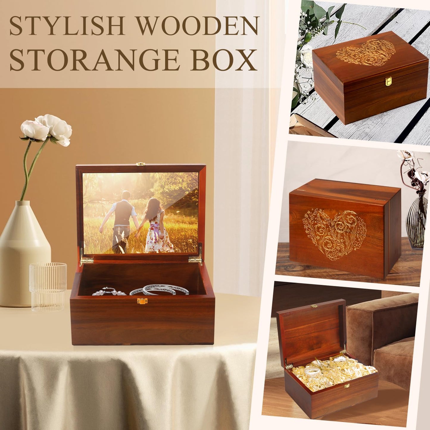 Large Wooden Keepsake Box with Hinged Lid and Photo Frame - Elegant Wedding Memory Box, Ideal for Photos, Letters, Time Capsules, Bride Gift, Decorative Storage，5.5“*8.6”*11.3“