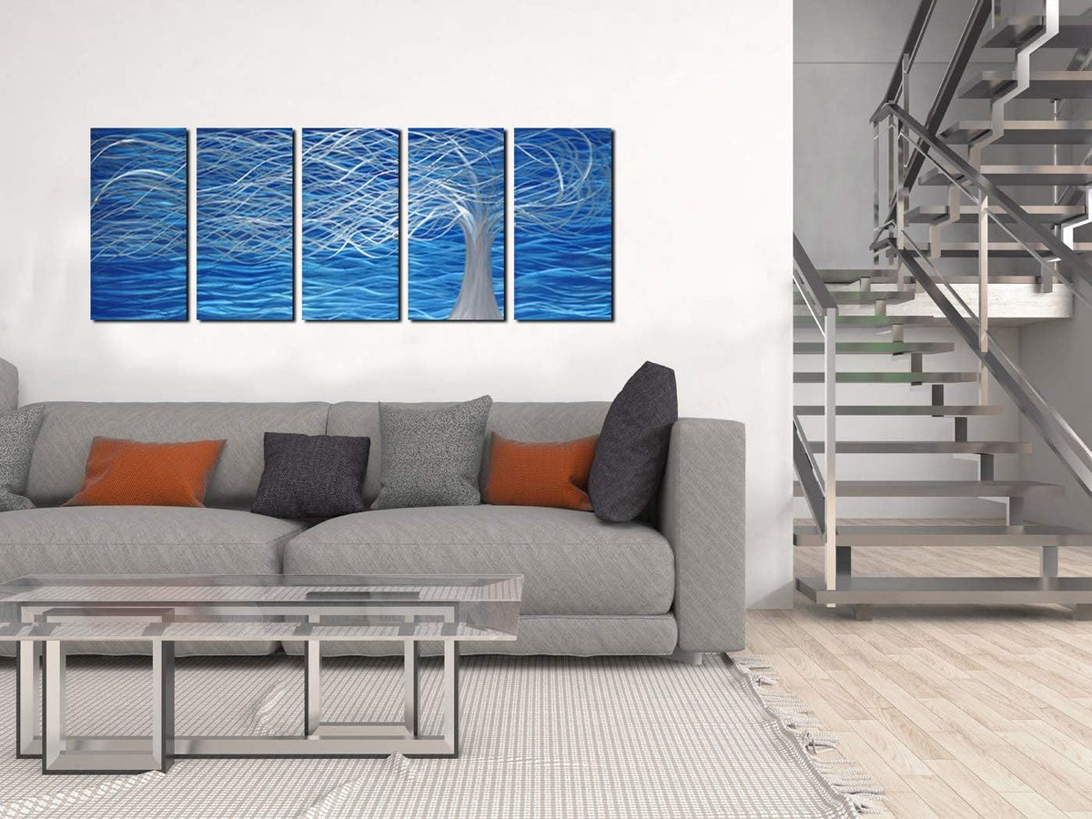 Unique Metal Wall Sculpture, Metal Wall Art with Tree Painting Design, Abstract Modern and Contemporary Décor, Aluminum Blue Artwork, Indoor and Outdoor decoration, 5 panels 64"Wx24"H