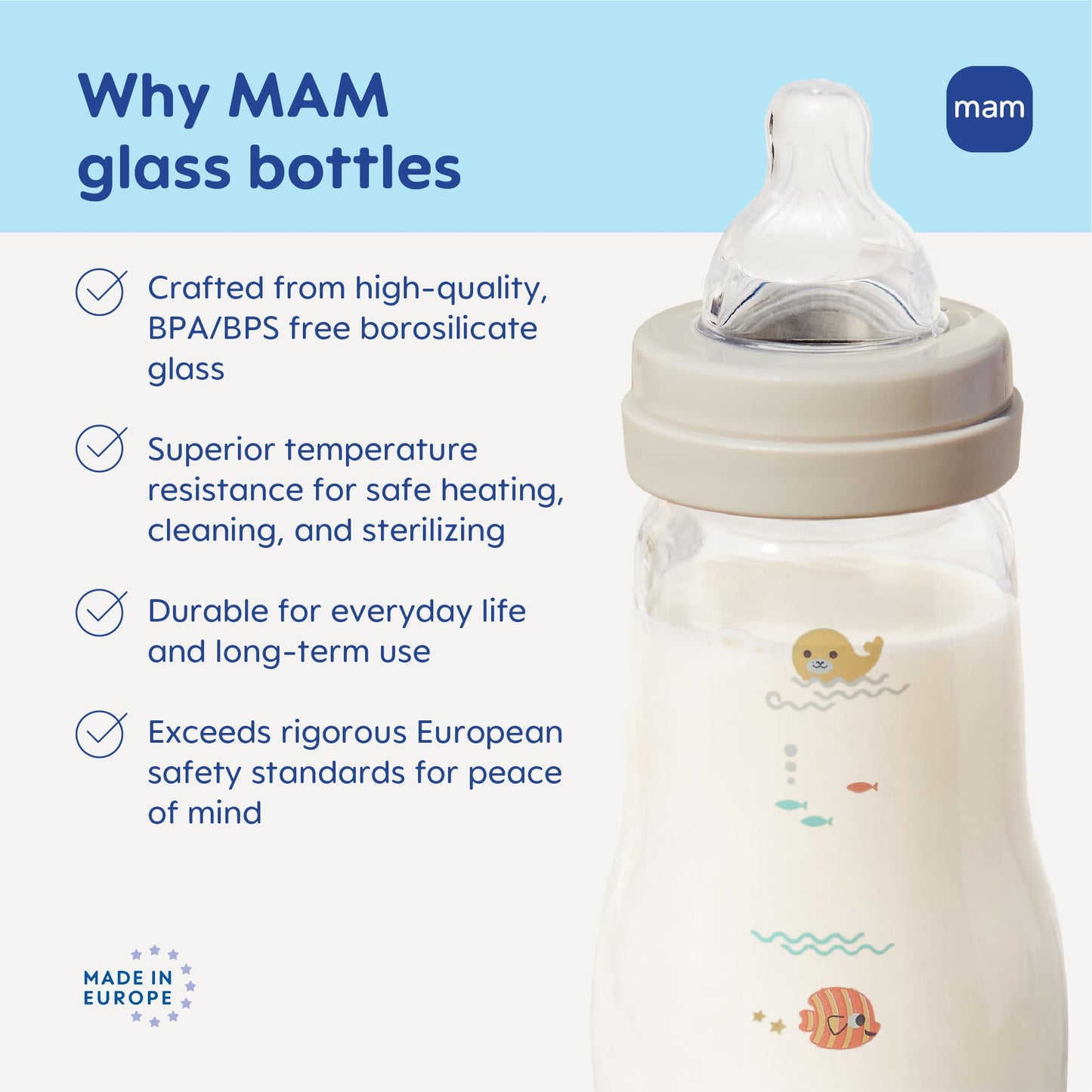 MAM 9oz Premium Glass Wide Neck Baby Bottle with Medium Flow Breastfeeding-Like Silicone Nipple, Easy to Clean, BPA Free, 2+ Months, Easy Switch Between Breast and Bottle, Made in Europe, 3 Pack