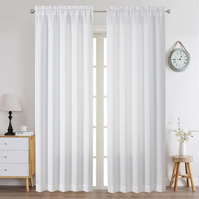 Chyhomenyc White Curtains 96 Inch Length 2 Panels, Faux Linen Textured Semi Sheer Airy Light Filtering Soft Privacy Farmhouse Curtain Drapes for Living Room Bedroom, 40Wx96L Inch, Set of 2