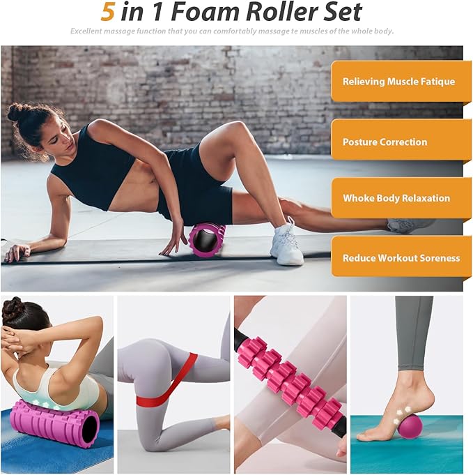 5 in1 Foam Roller Set, Trigger Point Foam Roller, Massage Roller Stick, Massage Ball, Resistance Band for Deep Muscle Massage Pilates Yoga,Fitness Exercise for Whole Body (Pink-Black)