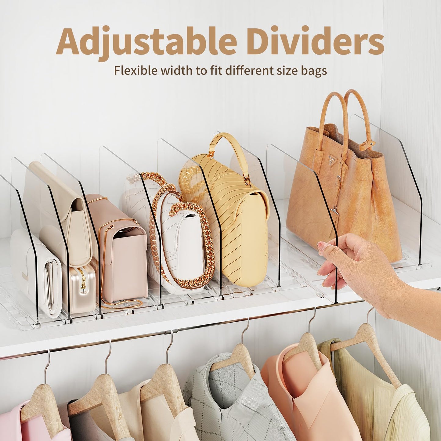 iStoreMaxy Purse Organizer for Closet, Shelf Divider Adjustable Clear Acrylic Handbag Storage, Bag Storage Separators, Keep Handbag & Books Neat and Upright in Bedroom, Office