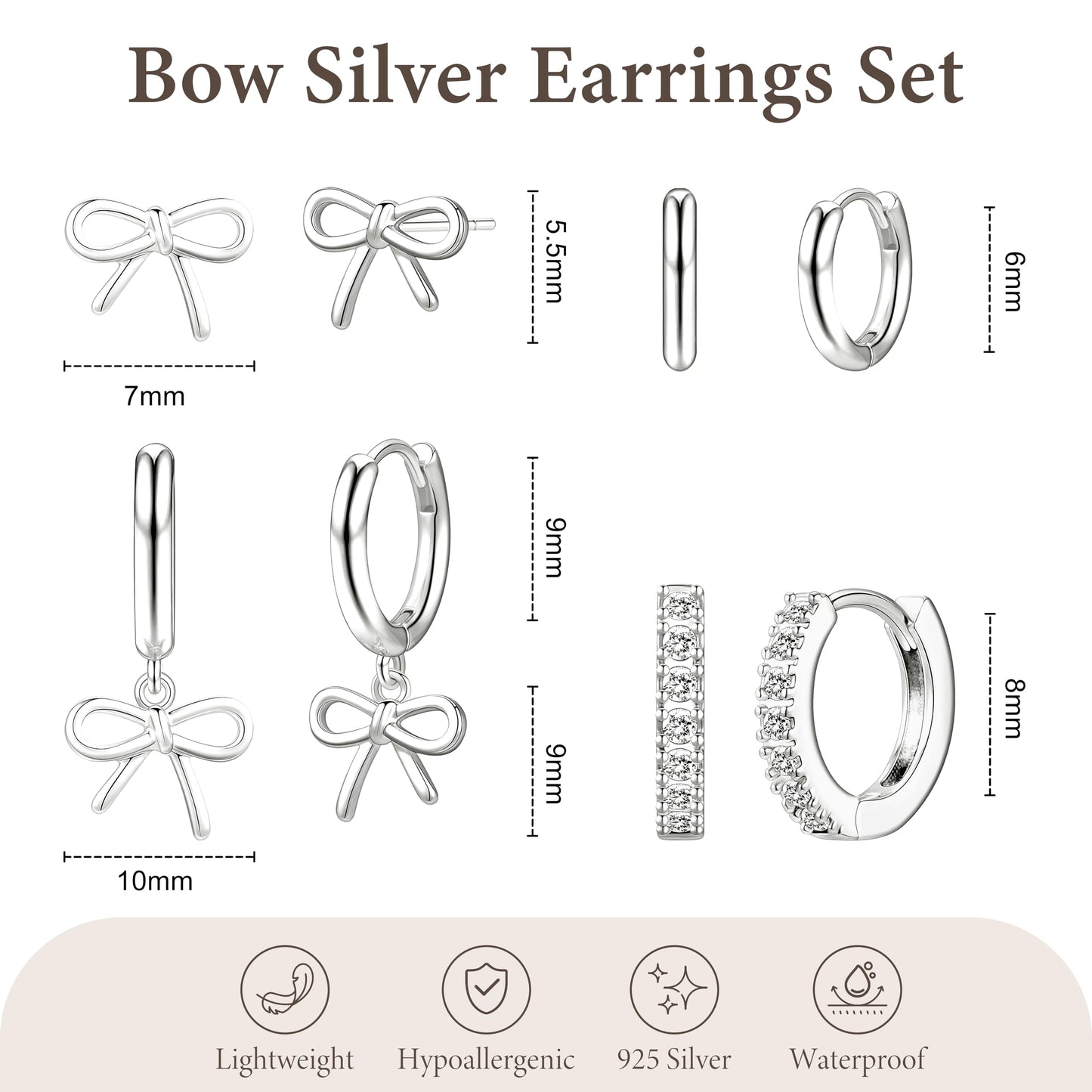 Silver Bow Earrings for Women,Huggie Small Stack Cartilage Stud Hoop Earring Sets for Multiple Double Piercing, Conch Helix Rook Tragus Daith Piercing Silver Clip On Jewelry Set Gifts