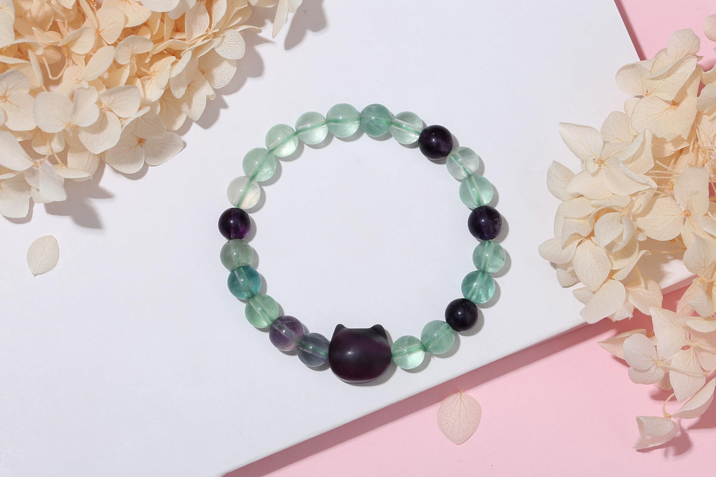 XIANNVXI Fluorite Bracelet for Women - Cute Cat Lover Gift - Natural Crystal Stretch Bracelet - 8mm Beaded Jewelry