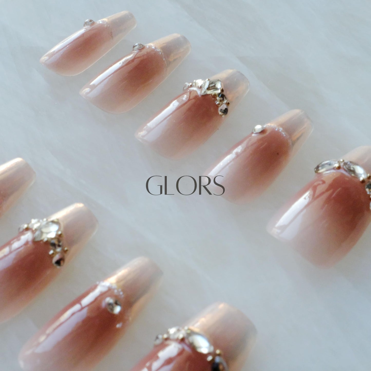 GLORS Long Ballerina Press-on Nails, Pink French Style with Rhinestones, Coffin Shape, Handmade False Nail 10 Pieces (Large,LB)