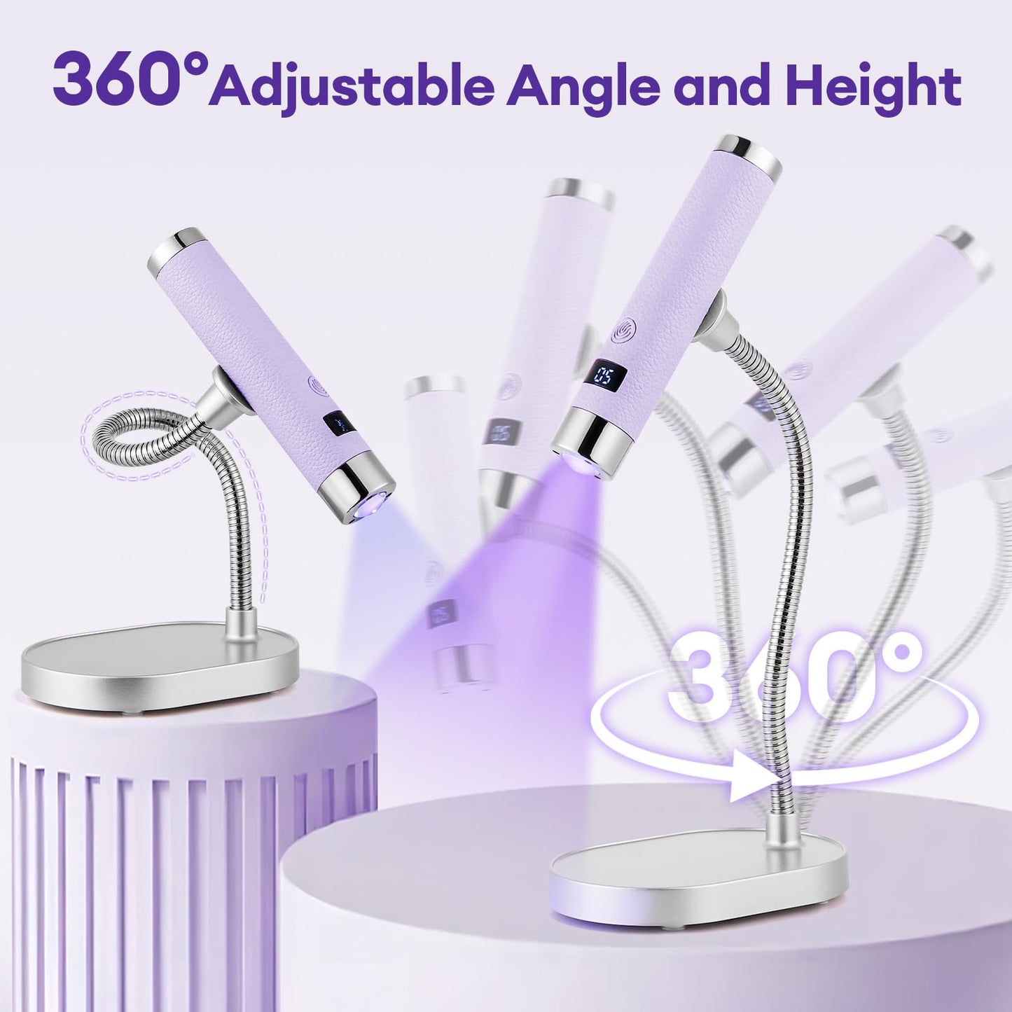 LIARTY UV Nail Lamp Cordless: Mini Rechargeable Auto Sensor LCD Display 2 Timers - Gooseneck Flash Curing Light Pen for Gel Nails Polish with Base (Purple)