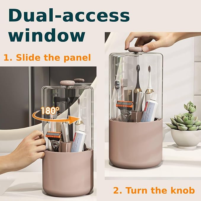 Toothbrush Holder with Cover 360 Rotating 4 Compartments Bathroom Toothpaste Electric Toothbrush Organizer, Pink