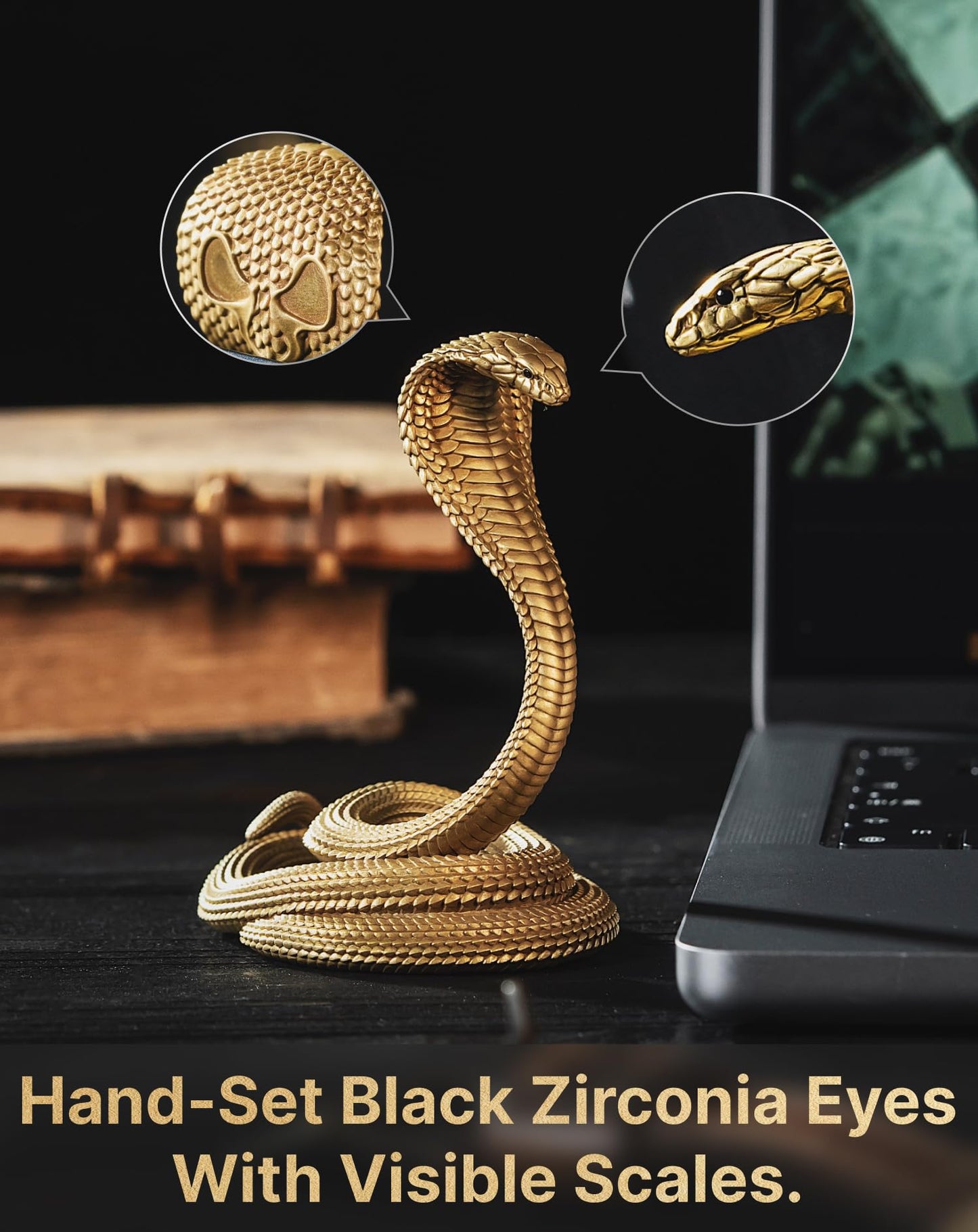 COPPERTIST.WU Cobra Phone Stand Brass Desk Decor – Handcrafted Snake Phone Holder for iPhone & Tablet, Artistic Desk Accessory Sculpture, Unique Gift for Men, Office & Home