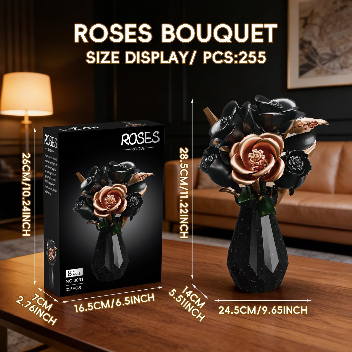 APENGBAOL Black Roses Flower Bouquet Building Set with Vase - 255 Pcs Botanical Collection with Rose Gold Accent Artificial Floral Centerpiece Gothic Home Decor Gift for Adults