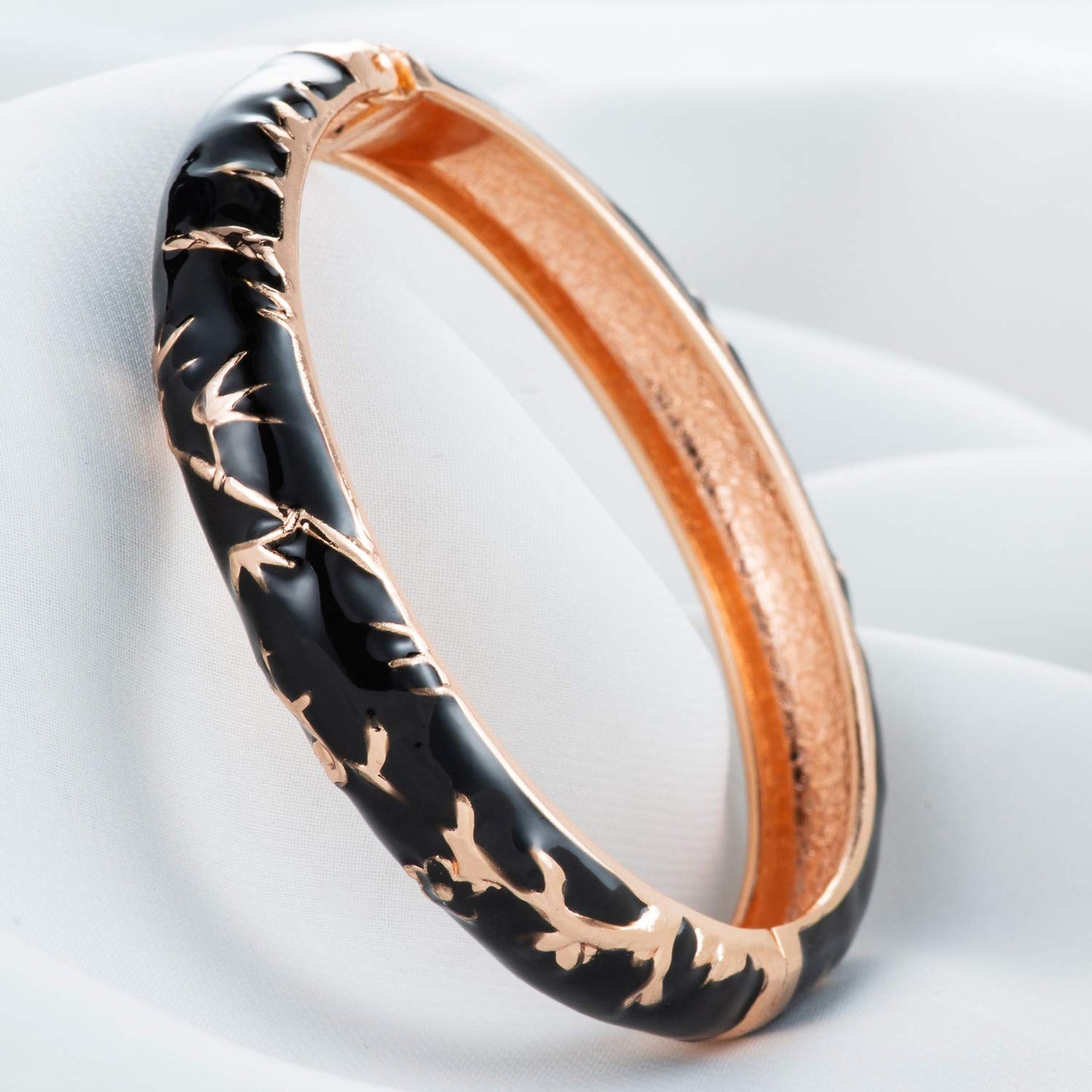 UJOY Flowers Bracelet Multi-Colors Cloisonne Wedding Jewelry Gift Women Enameled Bangles Opening Hinged 55A117 Bamboo Black