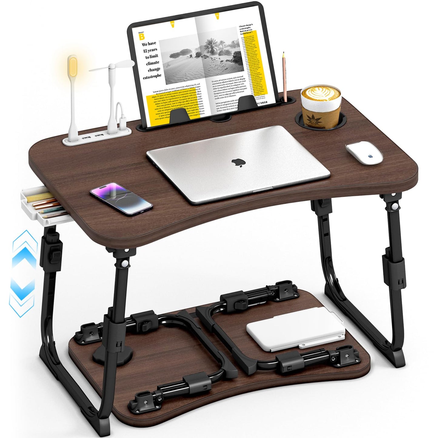 Lap Desk for Bed Adjustable Height, Foldable Bed Table with Storage Drawer, Tablet Slot & Cup Holder, Portable Laptop Stand for Bed & Sofa, Bed Desk for Adults & Kids, Walnut