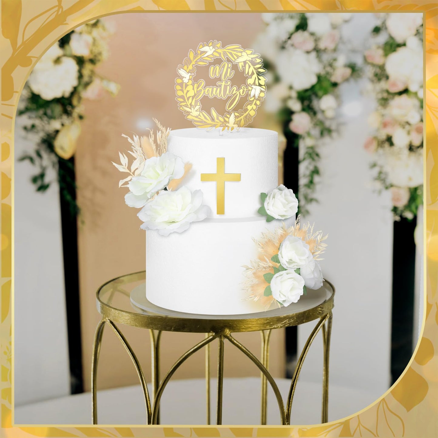 9 Pcs Mi Bautizo Cake Topper Gold Cross and Dried Flower Decor Set First Holy Communion Baptism Cake Pick Religious God Bless Baptism Cake Decoration for Celebration Milestones Decor