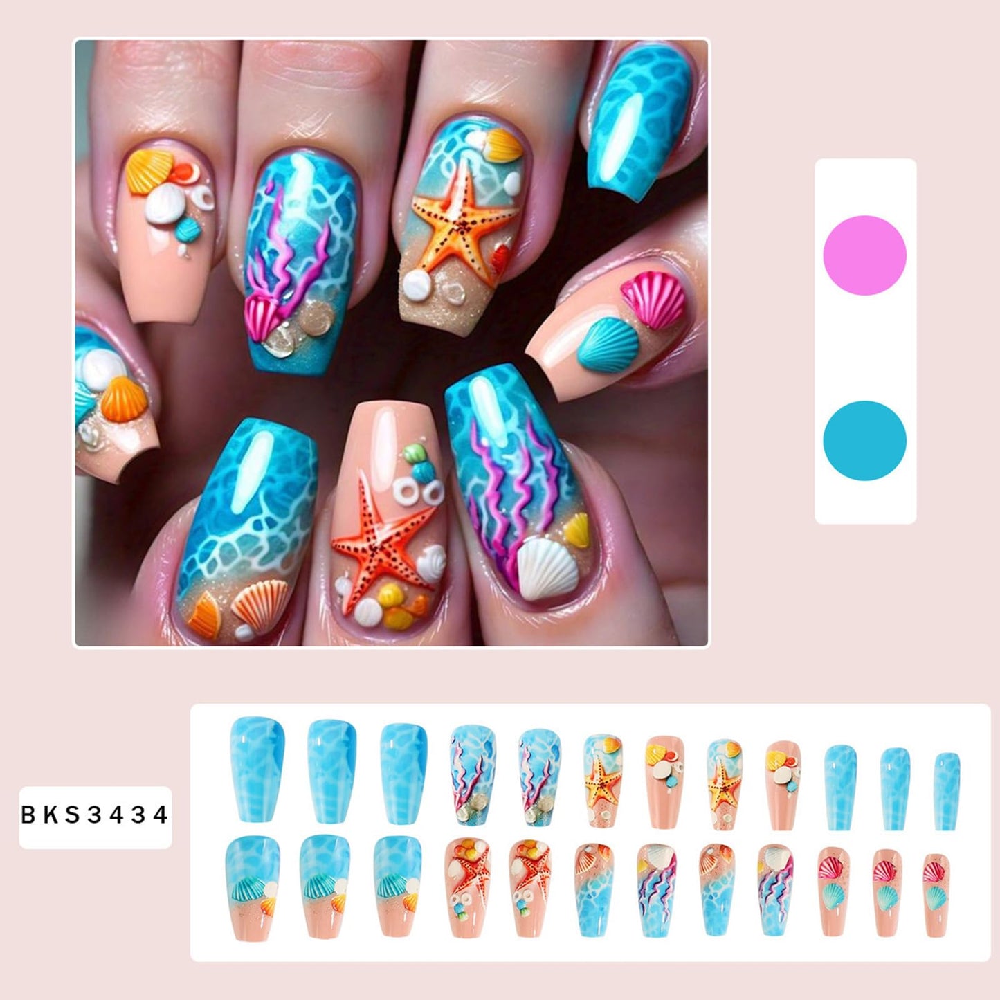 Beach Press on Nails Medium Coffin Fake Nails with Starfish Shell Coral Design Acrylic False Nail Glossy Full Cover Stick on Nail Reusable Artificial Summer Nails for Women Manicure 24Pcs