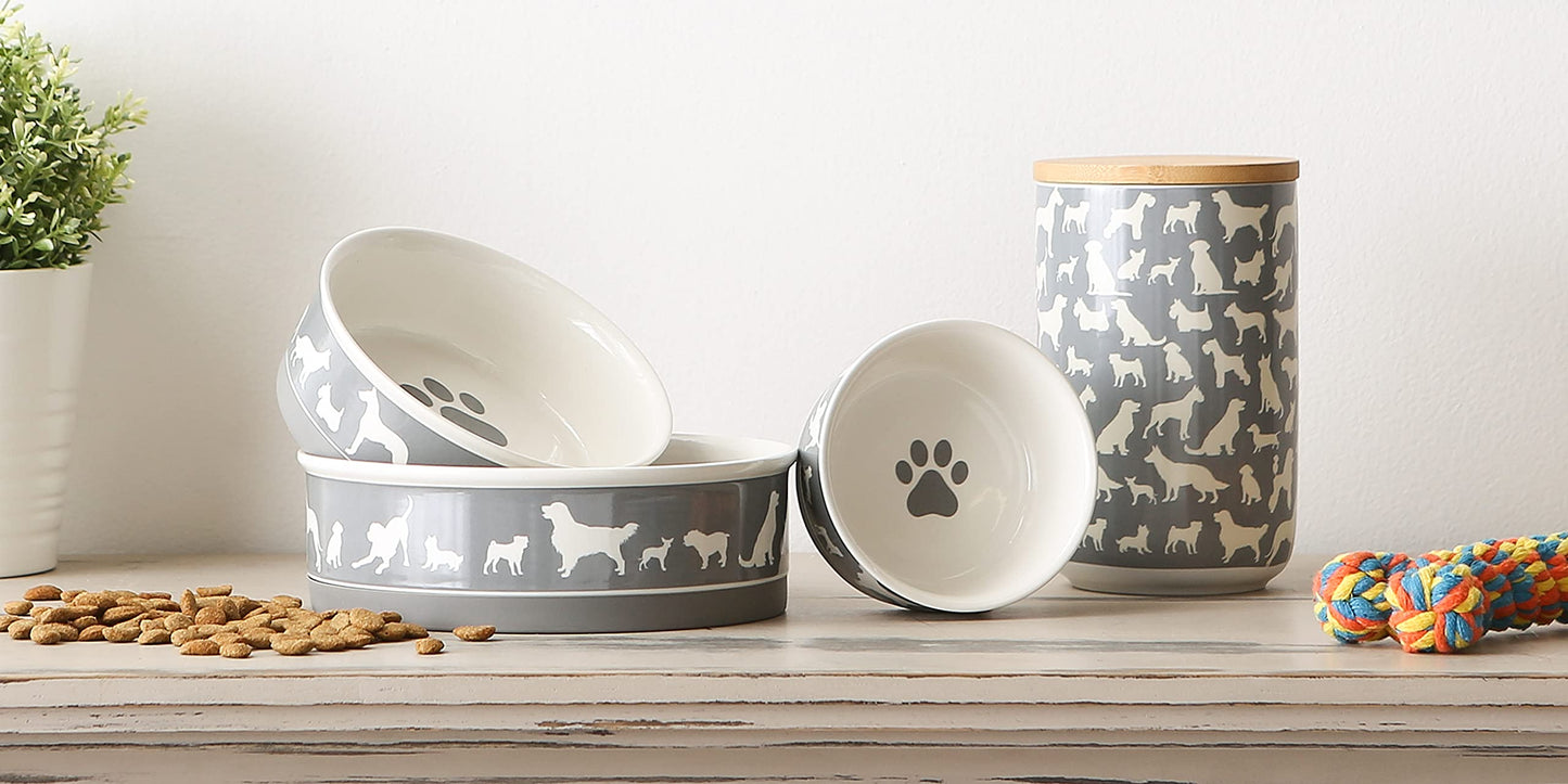 Bone Dry Dog Bone Ceramic Pet Bowl & Canister, Small, 4.25x2, Gray, 2 Count