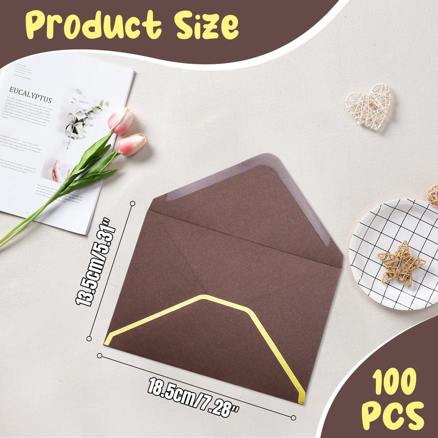 szkoo 100 Pack 5x7 Envelopes, Coffee A7 Card Christmas Envelopes V Flap Envelope Gold Borders for Invitations, Weddings, Parties & Greeting Cards