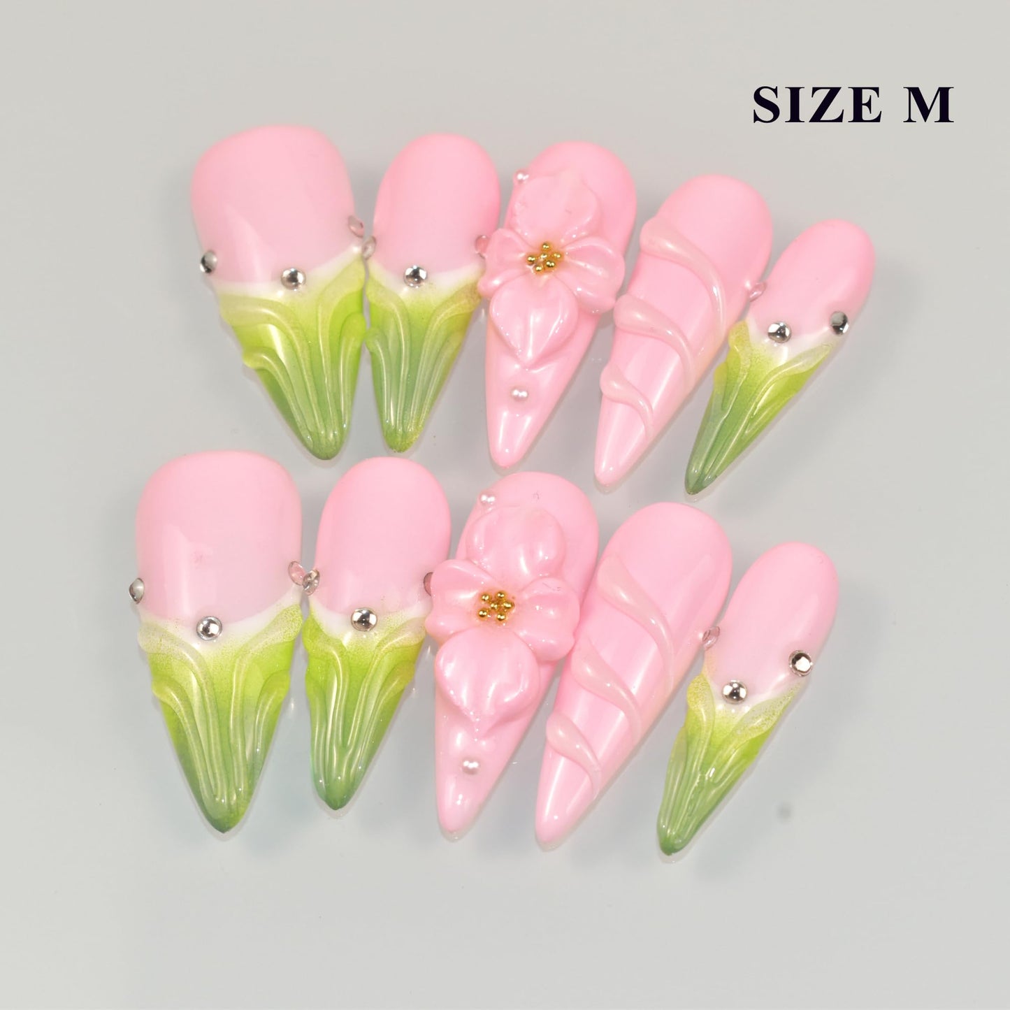 LIFOOST Nails Handmade Press On Long Stiletto Almond Artistic Petal Pink Green Fashion Artificial False Nail Tips 10 Pcs Set
