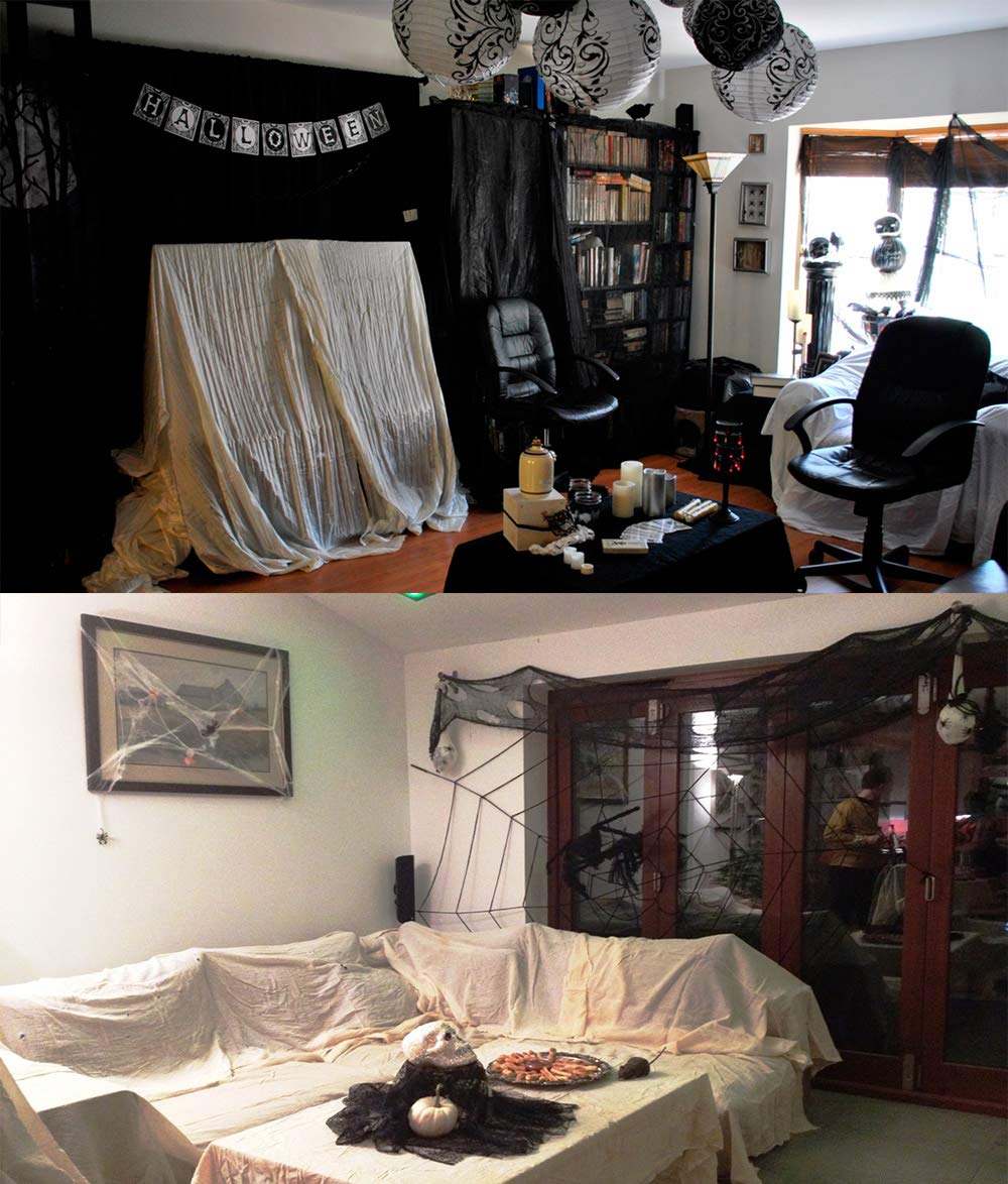 CMD 2PCS Large Scary Halloween Decor Creepy Cloth Decorations Realistic Spooky Fabric Gothic Black Purple Grey Cheesecloth Drape Netting Decoration(Black&Grey, 78" x 98")