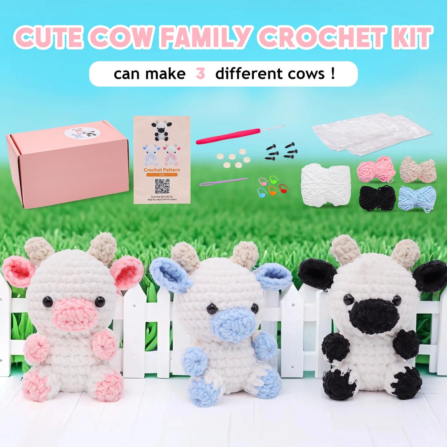 Crochet Starter Kit for Beginners, 3 Cute Animal Cow Pattern, Crochet Starter Kit Beginner for Adults Knitting Hooks and Yarn Set with Video Tutorial
