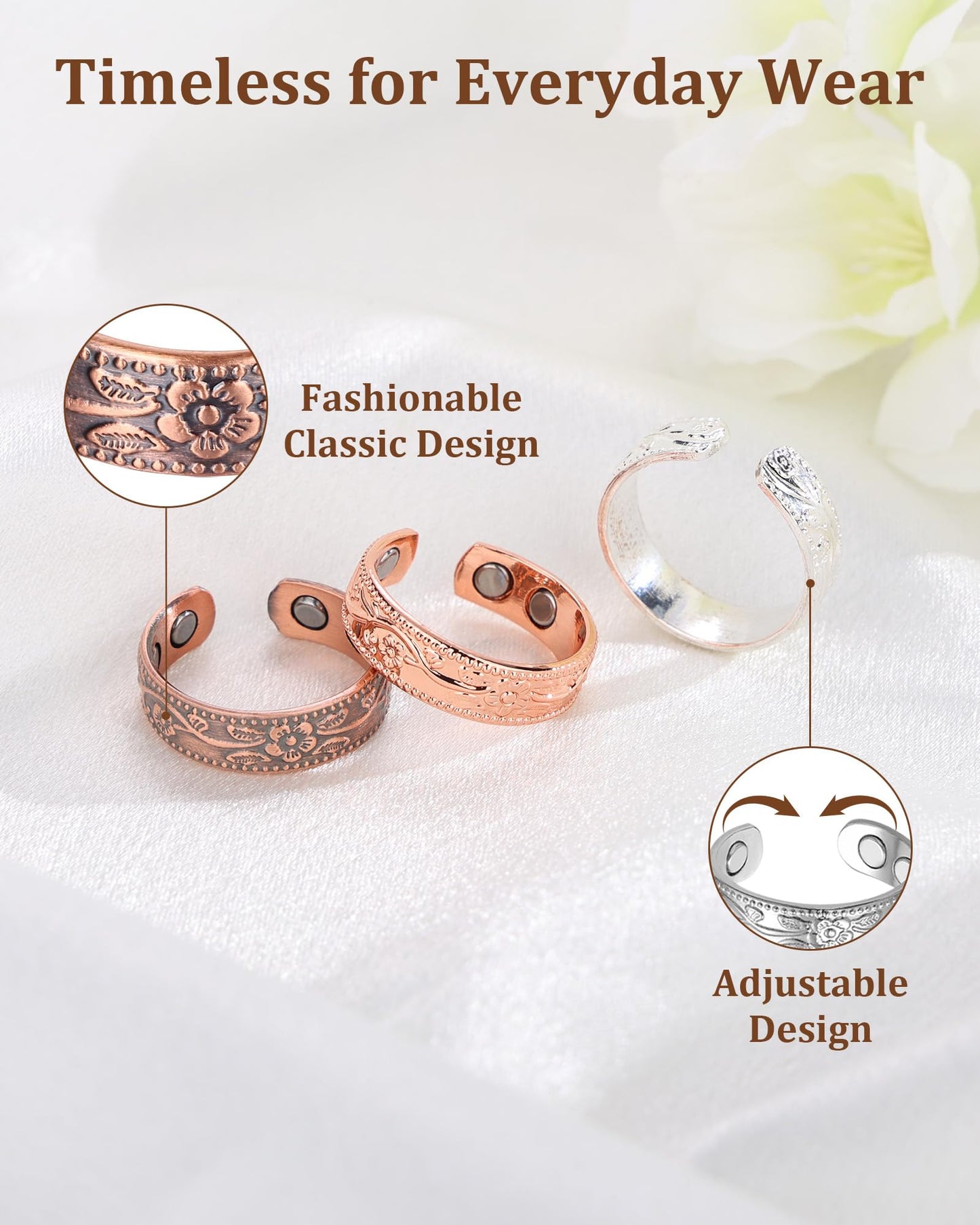 BioMag Magnetic Lymphatic Drainage Ring Set, 3Pcs 99.99% Pure Copper Rings for Women with 3500 Gauss Magnets, Adjustable Size, Floral Branch and Leaf Pattern