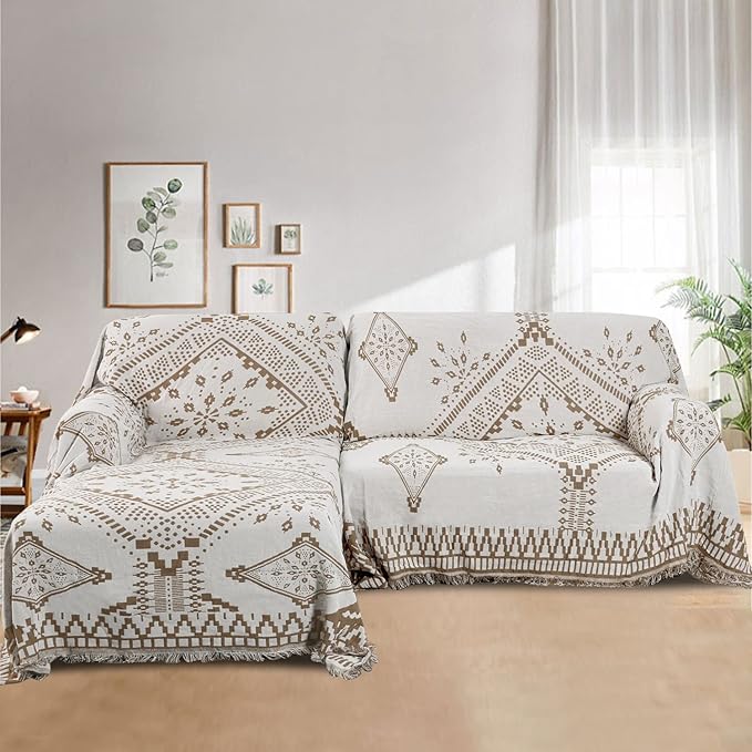 H.VERSAILTEX Reversible Sofa/Couch Cover for Dog, Slipcover for Most Shape Sofa Furniture Protector with Tassels for Sectional Couch (Large: 71" x 102", Sand/White)
