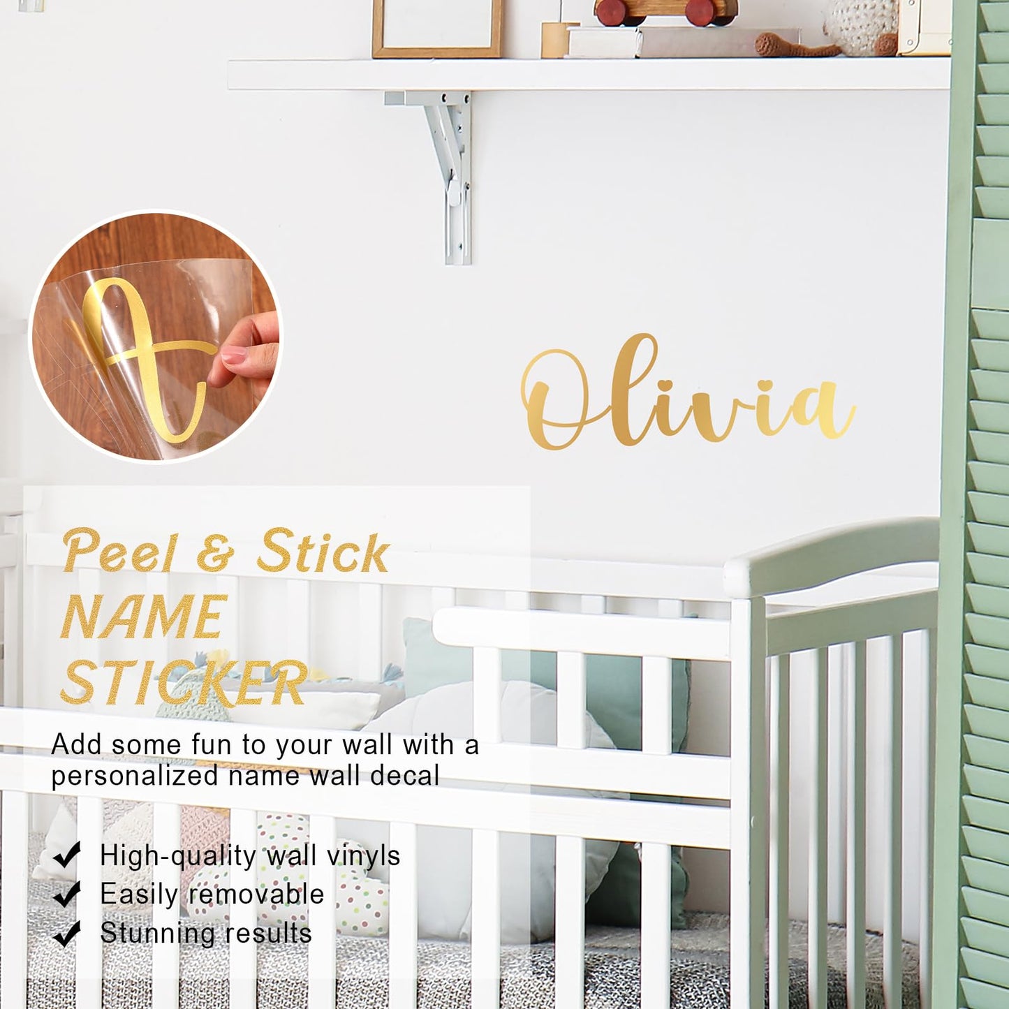 Boao Personalized Name Wall Decal Large Cursive Letter Stickers Big Alphabet Custom Stickers Nursery Wall Decal for Backdrop Bedside Bedroom Home Classroom DIY Craft(Classic,Gold,Regular)