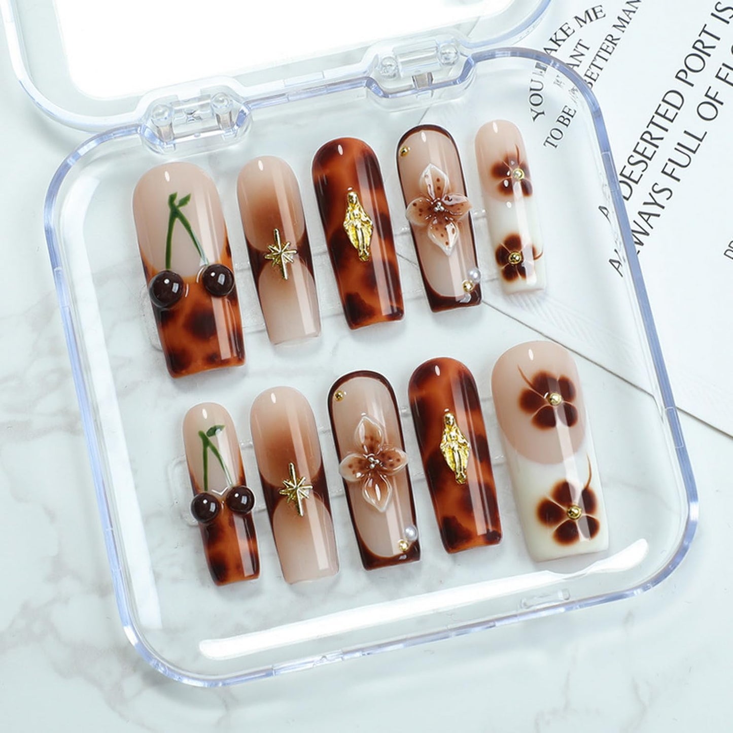 Brown French Tip Press on Nails Long Coffin Fake Nails Handmade Press on Nails 3D Luxury Flower and Cherry Embossed Designs Muti-Layer Gel Thick False Nails Glossy Acrylic Nails for Women (Size S)