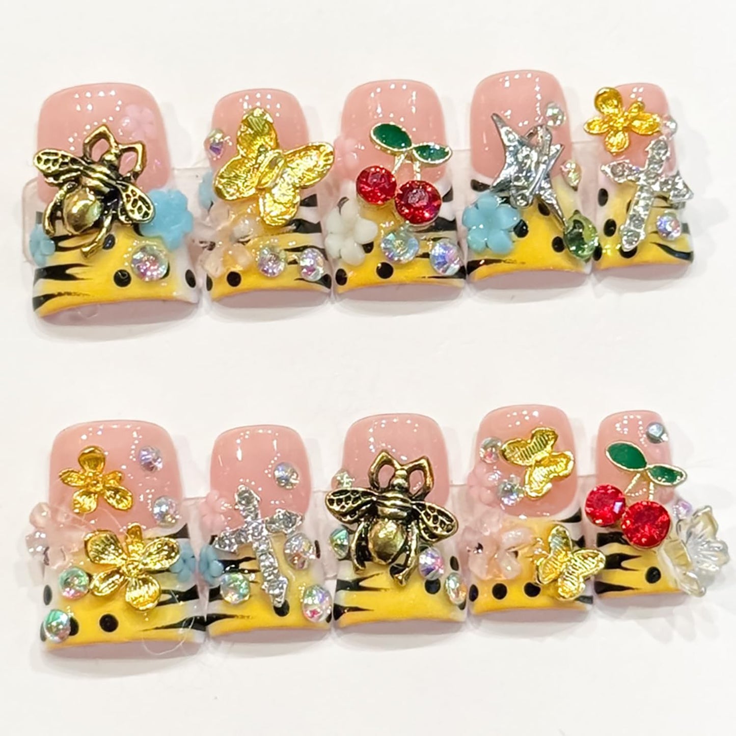 10 Pcs Duck Press on Nails Medium Handmade Acrylic Nail 3D Luxury Rhinestone Butterfly Bee Acrylic Fake Nails Flower Designs Stick on Nails Full Cover Thick False Nails for Women Nail Art DIY（Size S）