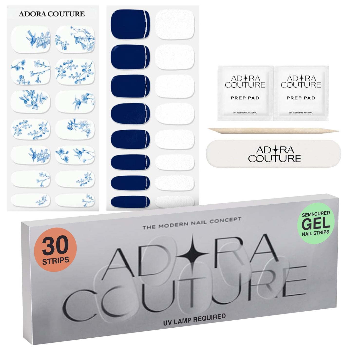 Semi Cured Gel Nail Strips with 30 Pieces – UV Gel Nail Stickers & Nail Wraps, Complete Manicure Kit Includes Prep Pads, Nail File and Wooden Stick, Easy Application, UV Light Required (Porcelain)