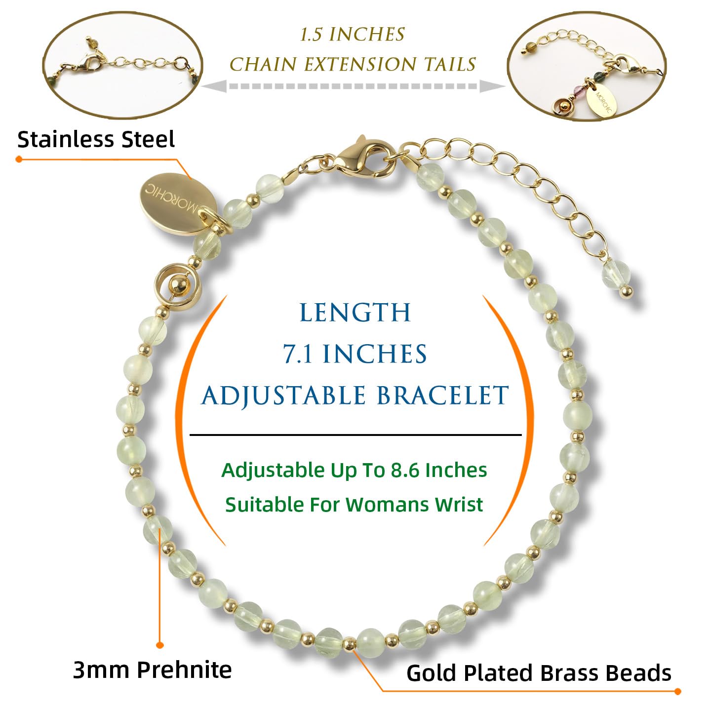Morchic 3mm Green Prehnite Natural Gemstone Beaded Bracelet for Women, Dainty Tiny Charm Jewelry, Adjustable 7.1-8.6", Ideal Birthday Holiday Gift