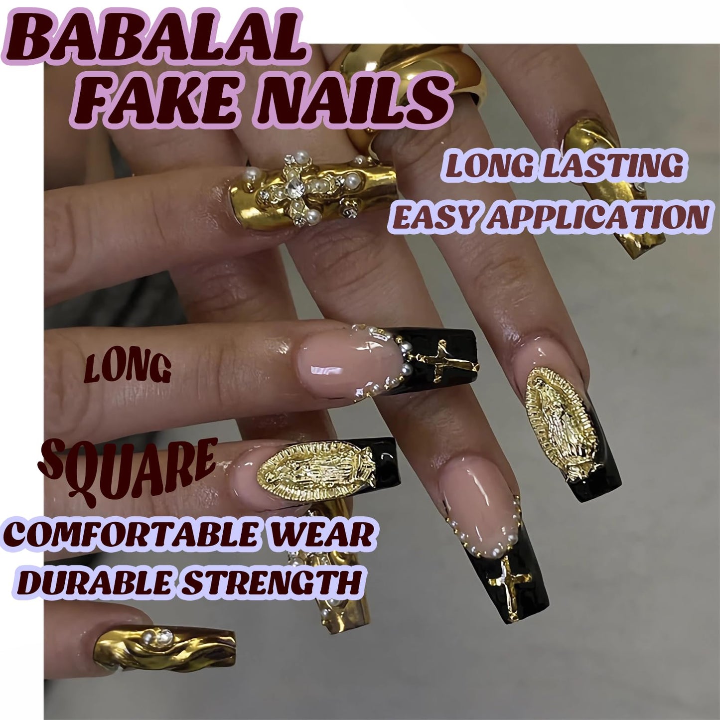 BABALAL Press on False Nails Long Square Fake Nails Black and Gold Chrome Gothic Glue on Cross Charm Luxury 3d Design French Tip Acrylic 24Pcs Y2k Handmade Custom Full Cover Gel Nails