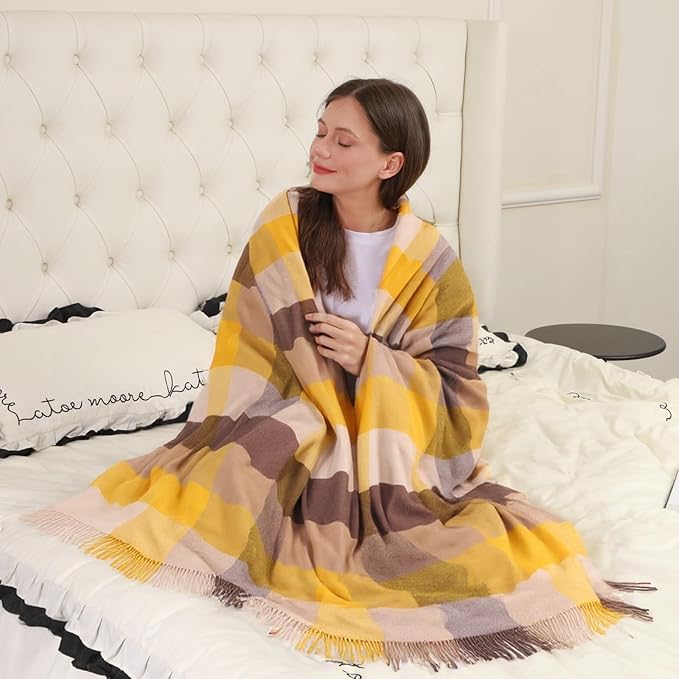 Throw Blanket Plaid with Carry Bag | Soft Wool Travel Blanket 55"x83" 2lbs | Golden Brown & Beige Plaid Decorative Throw for Couch, Camping & Gift