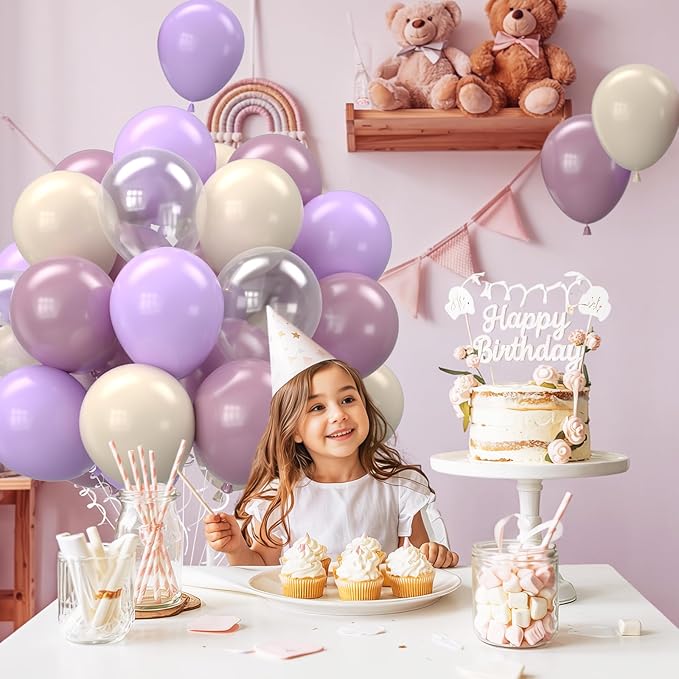 Purple and White Balloons, 12 Inch Pastel Purple Beige Cream White Clear Latex Balloon for Girls Birthday Bachelorette Party Bridal Baby Shower Party Decorations Supplies