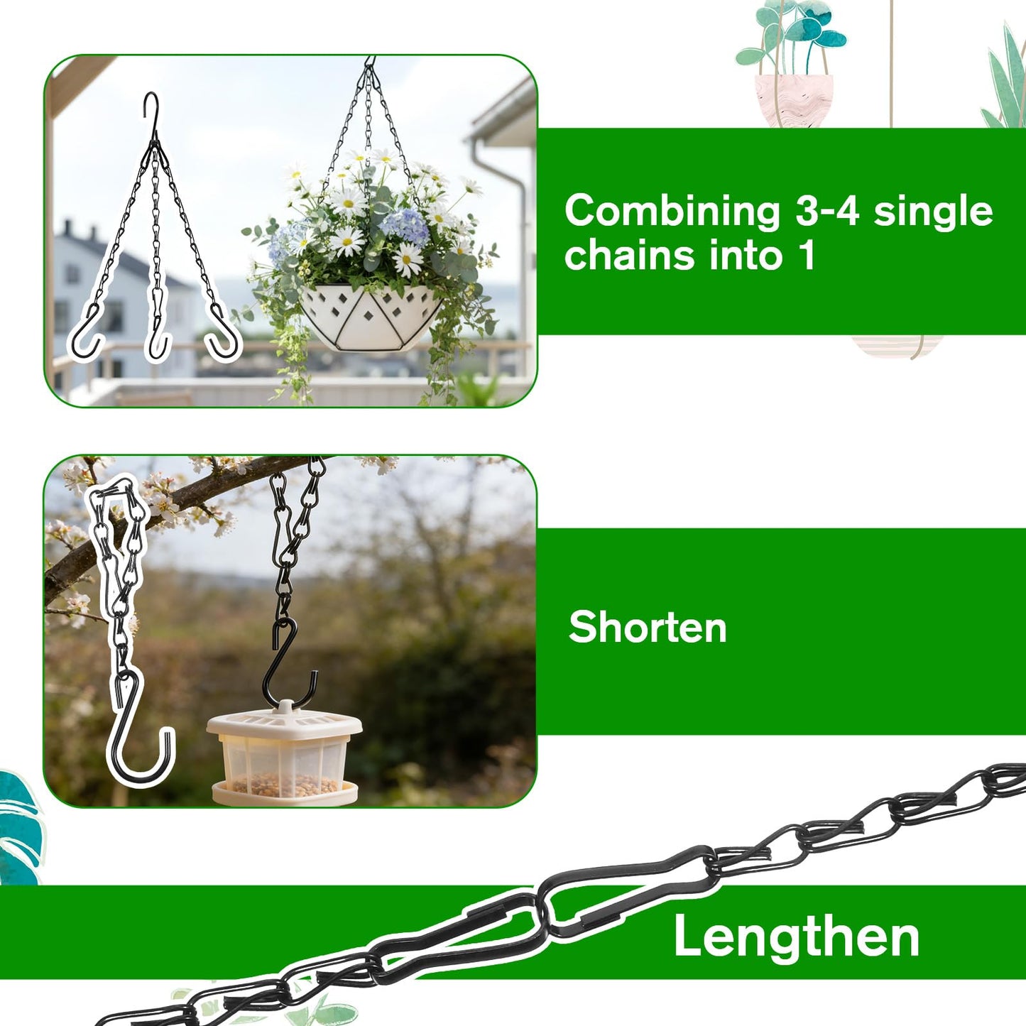 4 Pcs Chain for Hanging Plants, 10 Inch Plant Chains with Hooks, Black Adjustable Hanging Chain for Planters, Baskets, Bird Feeder, Birdbaths