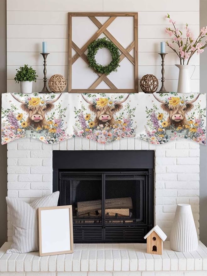 Spring Cow Floral Fireplace Mantel Scarf Table Runner, Green Eucalyptus Leaves Botanical Winter Garland Mantel Top Tablerunners Dresser Scarves Cover for Windows Party Living Room 60''x17''