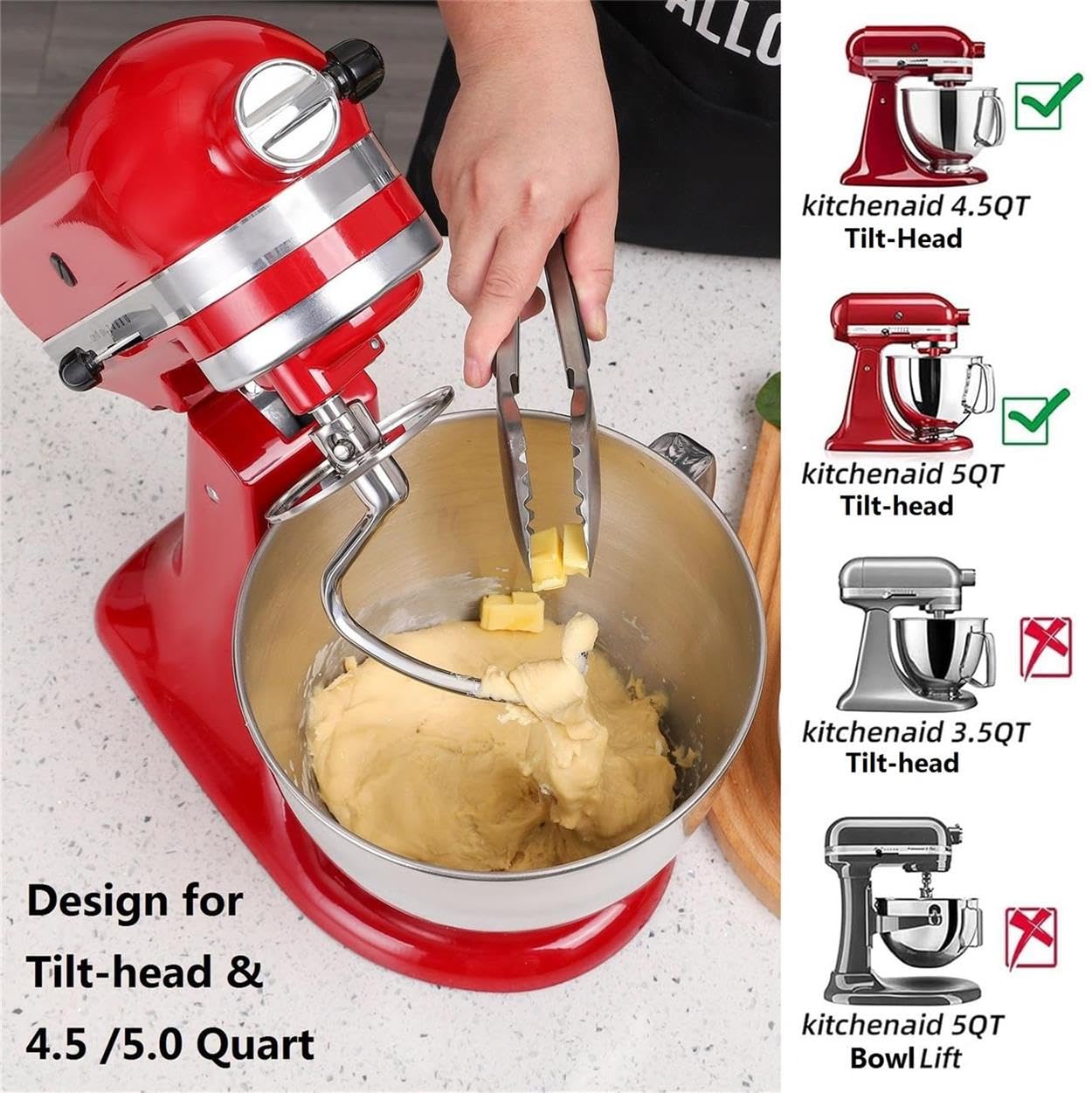 FavorKit Dough Hook for KitchenAid Tilt-head and 4.5-5.0 Quart Mixers, Polished Stainless Steel Dishwasher Safe Kneading Attachment for Bread,Pasta, Pizza...