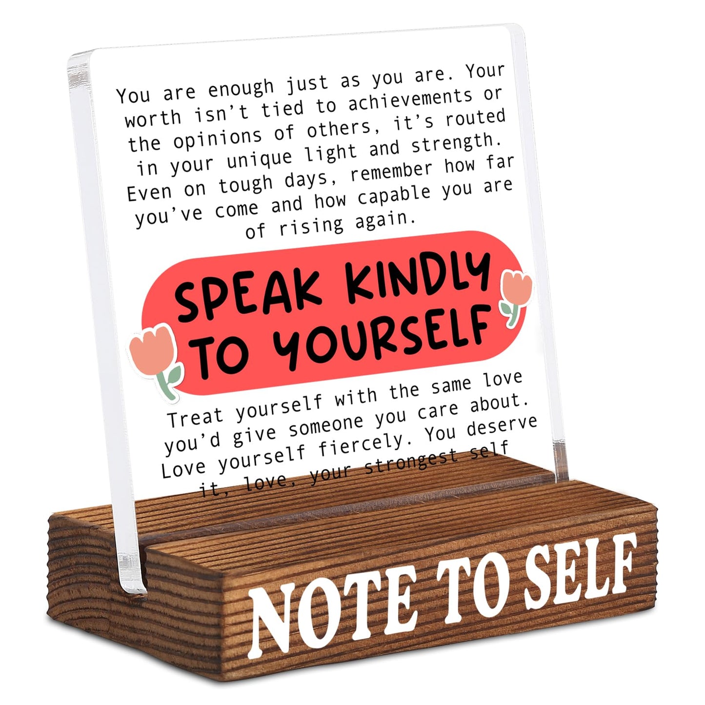 Inspirational Desk Decor with Positive Reminder, Speak Kindly to Yourself Acrylic Sign with Rustic Wood Base, Encouragement Gift for Home Office Coworker Friend SNOTE9