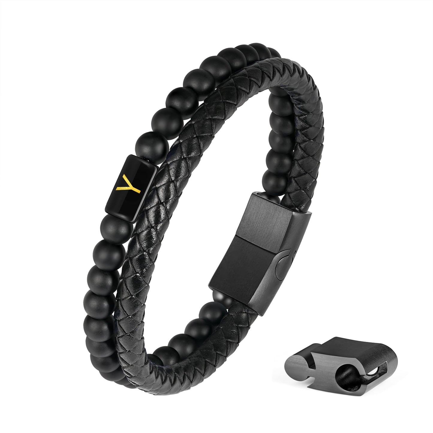 Mens Leather Bracelet with Initial - Men Gift Matte Agate Bead Magnetic Clasp Black Leather Bracelets Mens Gifts Men Bracelets with Initial Y Bracelet for Men's Jewelry Men's Gifts for Dad Husband Him