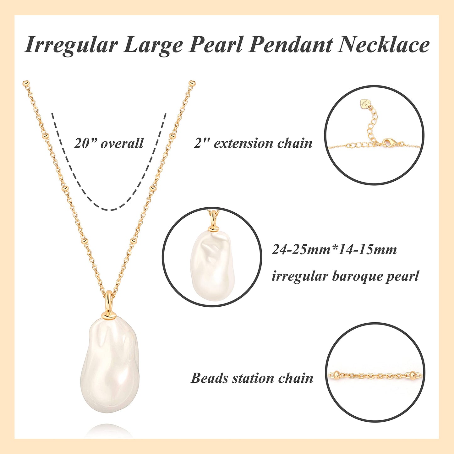 CANEVINKA 18k Gold Plated Satellite Chain Irregular Big Pearl Pendant Necklace for Women