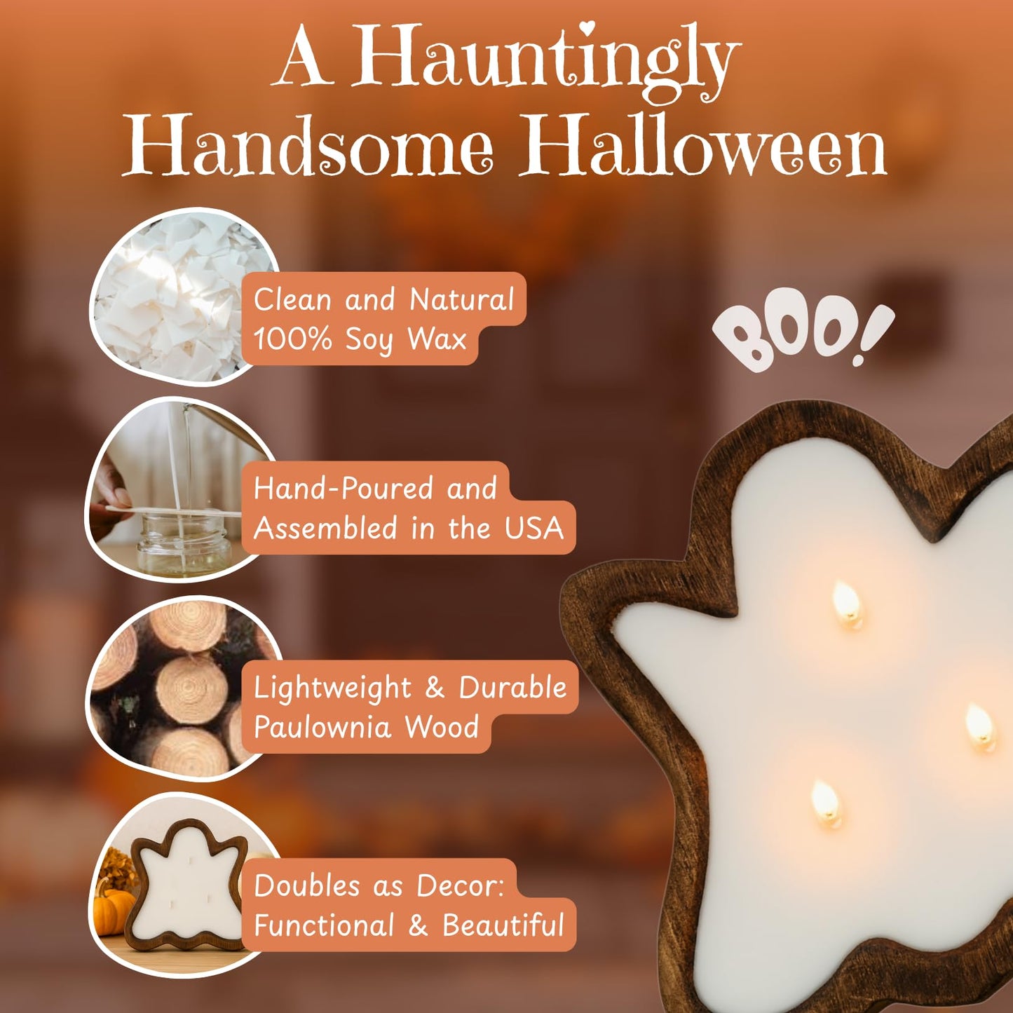 Dough Bowl Candle Co. Ghost Candles - 7x7x2in Halloween Candles, Wooden Fall Candle Decorations with Candy Corn Scent, Cute Fall Room Decor, 100% Soy Wax, Autumn Aesthetic with 35h Burn Time