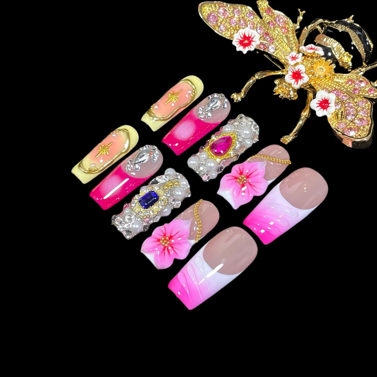 Handmade Press on Nails - 3D Pink Floral Design with Full Diamond & Gold Chains, Medium Long Square Shape Acrylic False Nails, Reusable Luxury Glam Nail Art (Satin Rose, L)