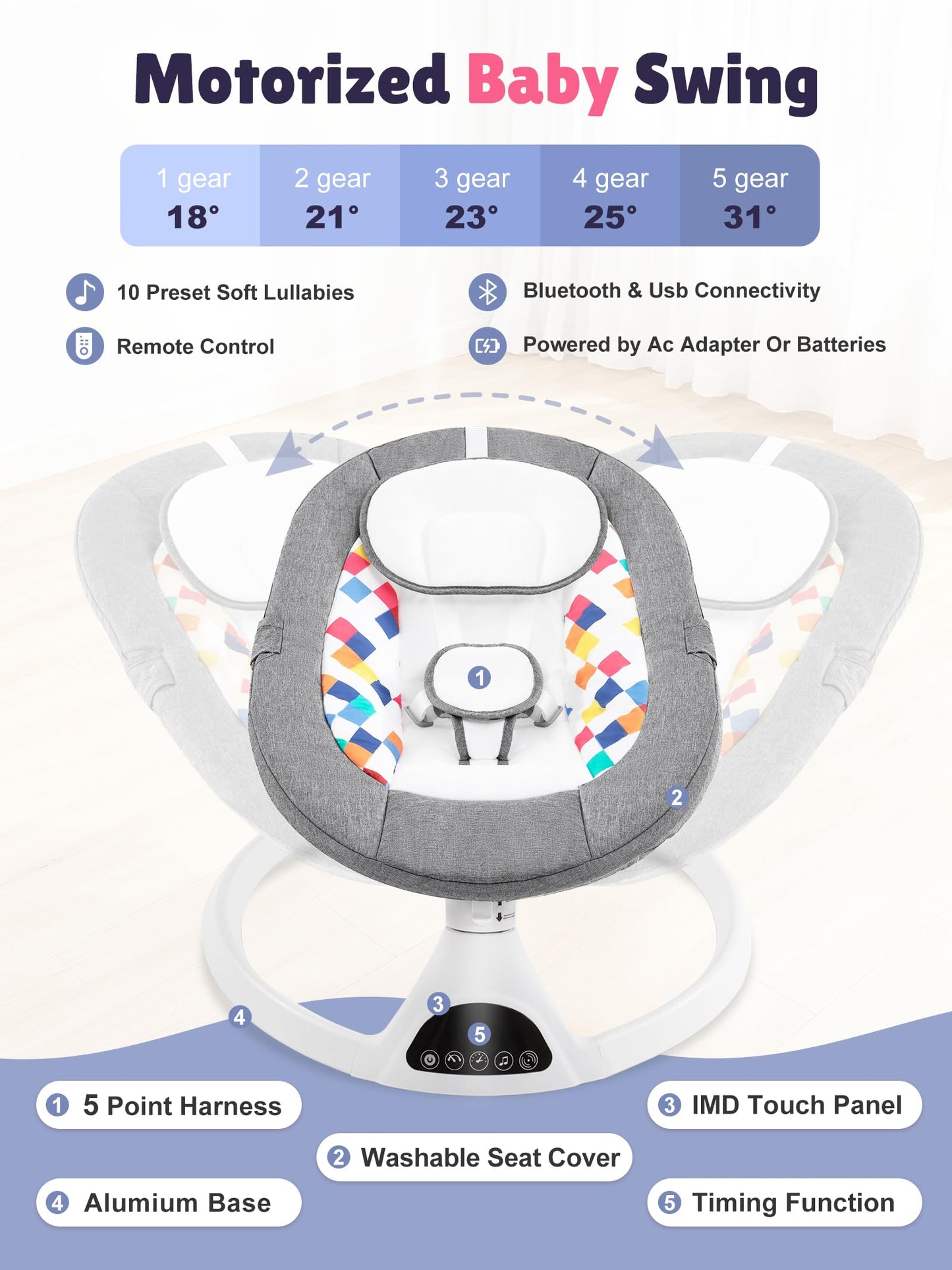 FDTQP Baby Swing for Infants - Electric Portable Bluetooth Baby Rocker with 5 Speeds, 5-Point Harness, Remote Control, Timing & Music Speaker Max 20 Lbs (Gray)