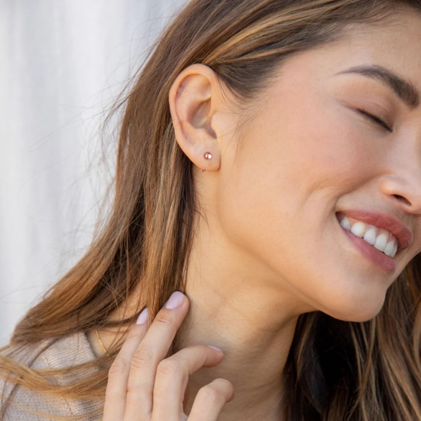 Half Hoop Earrings 18K Rose Gold Plated 925 Sterling Silver Ball Huggies Hoop Earrings for Women Little Ball huggie hoops Open Hug Hoop Earrings