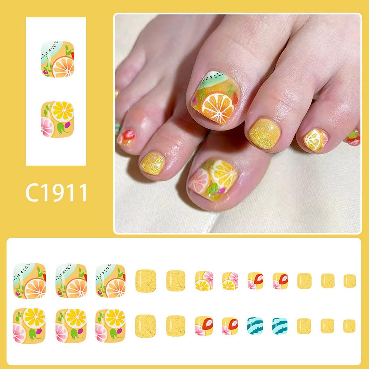 Summer Press on Toenail Short Square Fake Toenails Full Cover Yellow Press ones with Lemon Fruit designs Hawaii False Toenails Cute Artificial ToeNail for Women Beach Manicure Kit24pcs
