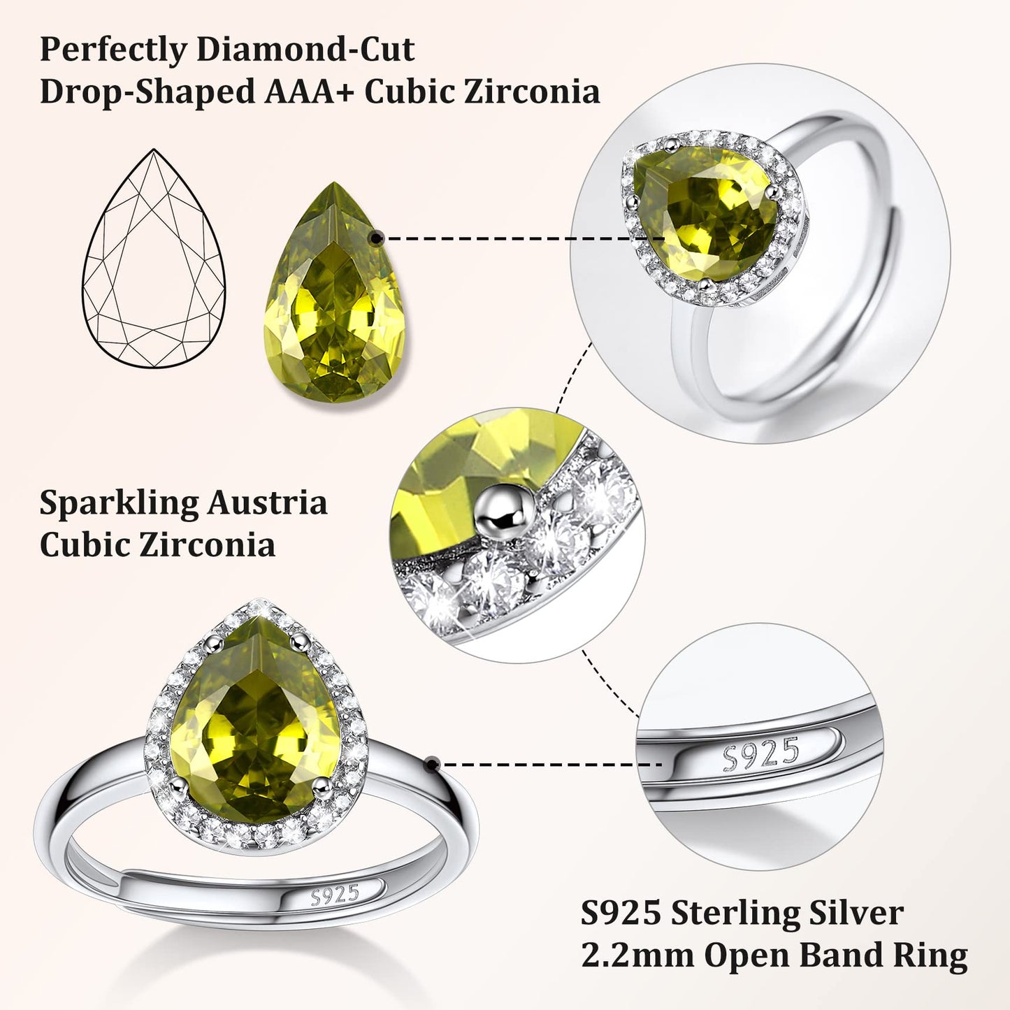Bestyle 925 Sterling Silver Infinite Birthstone Rings August Teardrop Peridot Crystal Rings, Dainty Love Statement Rings Adjustable, Minimalist Gift on Birthday/Valentines/Thanksgiving/Christmas