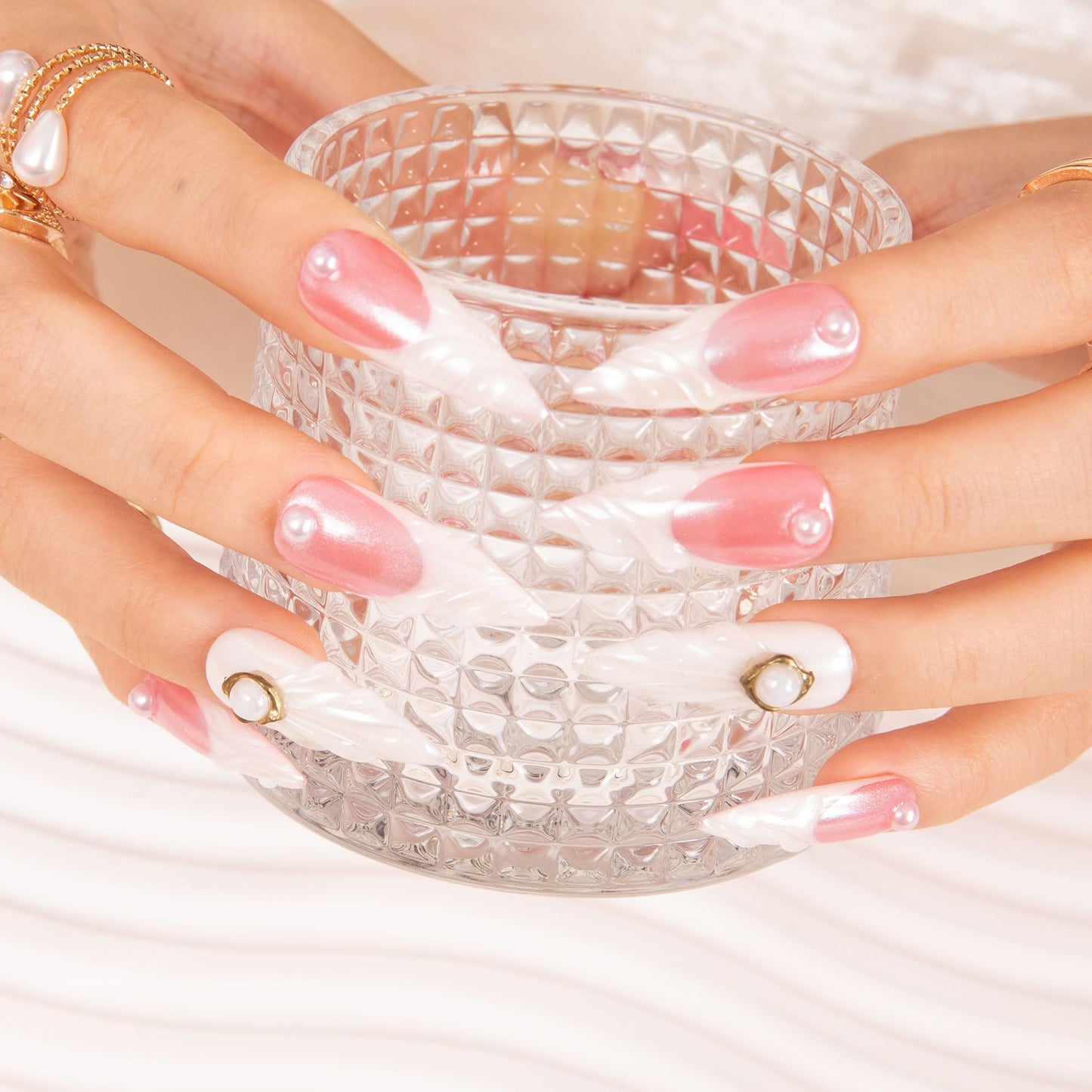 LOVFUL Press on Nails The White | Handmade with Full Covered Crystals | Reusable Full Cover Nails | Stiletto Classic Regular 1.3 in | H306-M