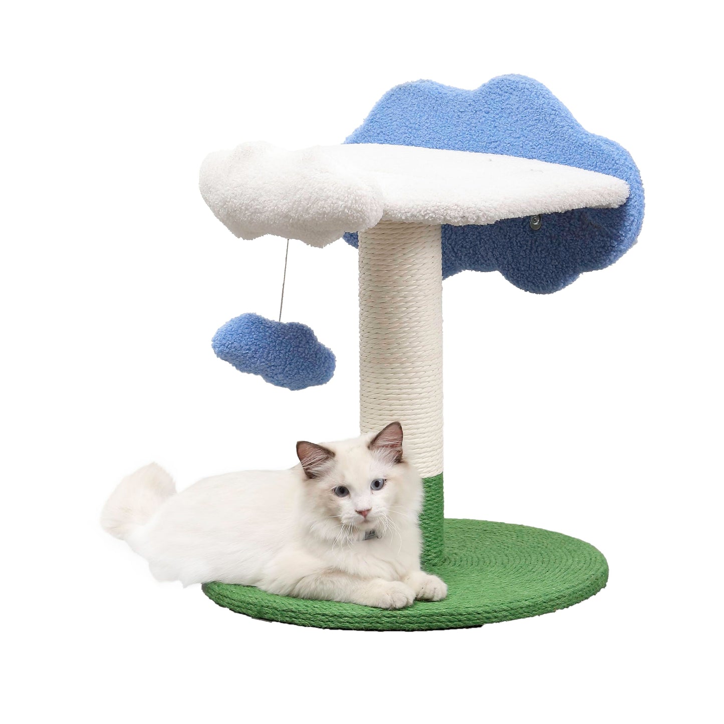 THE LICKER Store CTR1006A Sami 21.5" Modern Jute Cloud Cat Tree with Scratching Post, and Fuzzy Toy, White/Blue/Green