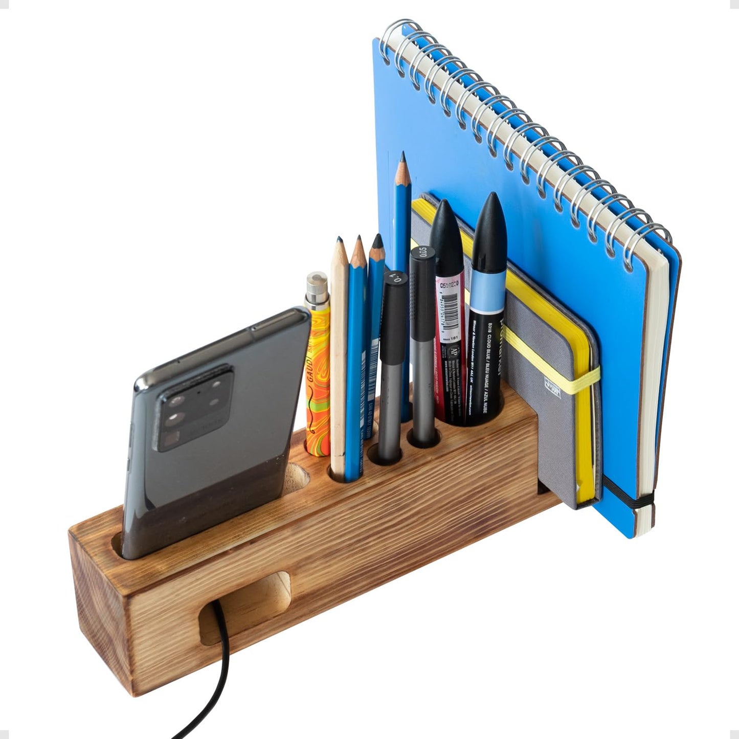Hoffengwell Wooden Desk Organizer with Phone Holder – Stylish & Functional Book, Pen and Cell Phone Charging Stand - Solid Wood Desk Top Organizer