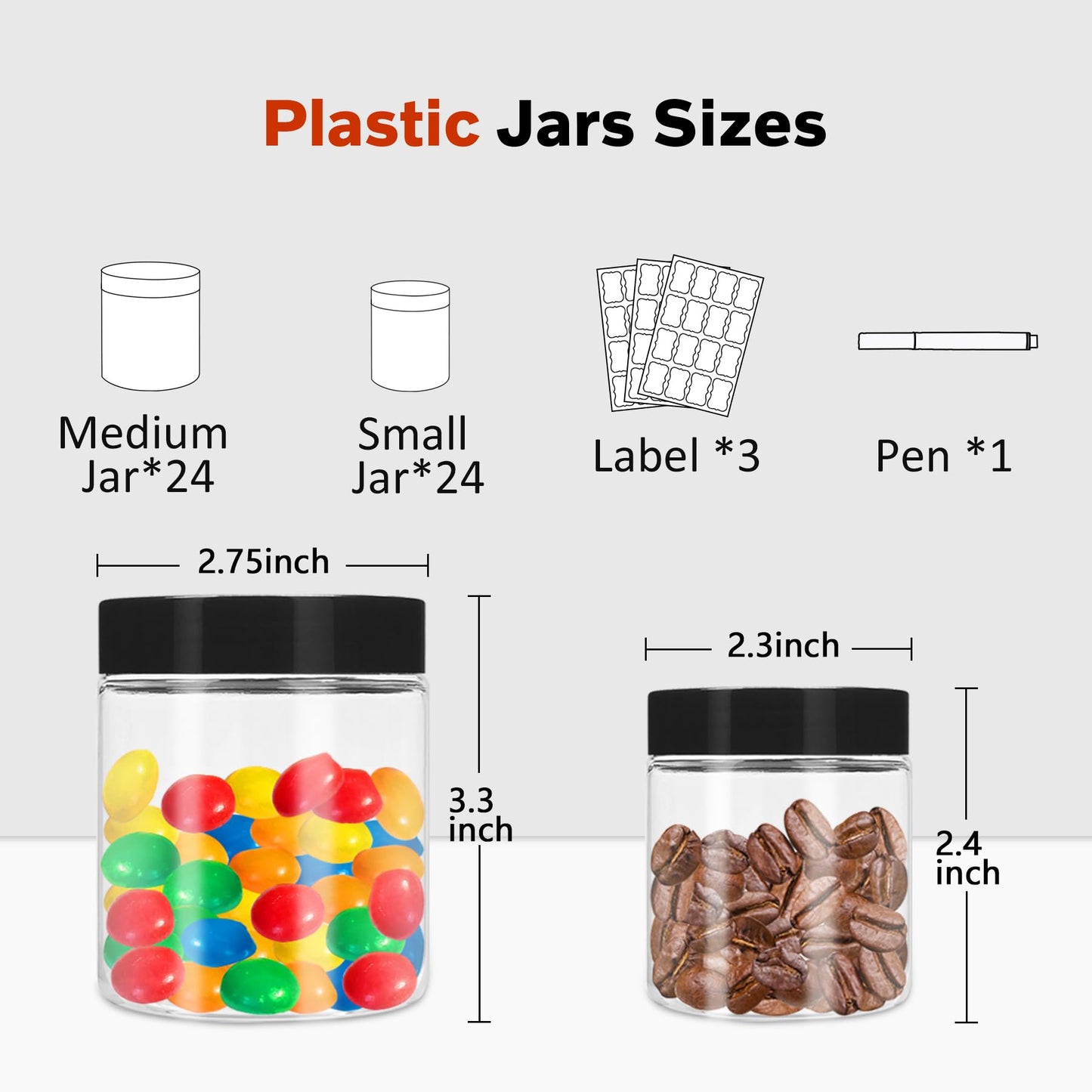 Hajoyful Plastic Jars with Lids 48 Pcs 8 oz & 3.4 oz Clear Plastic Slime Storage Jars Containers with Airtight Black Screw On Lids Cylinder Clear Round Jar Easy Clean Food Grade Durable Jar